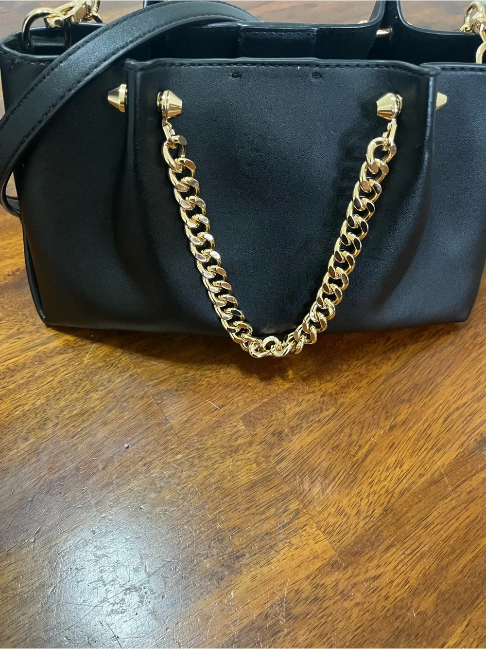 Michael Kors Black Leather Shoulder Tote with Gold Chain Accents